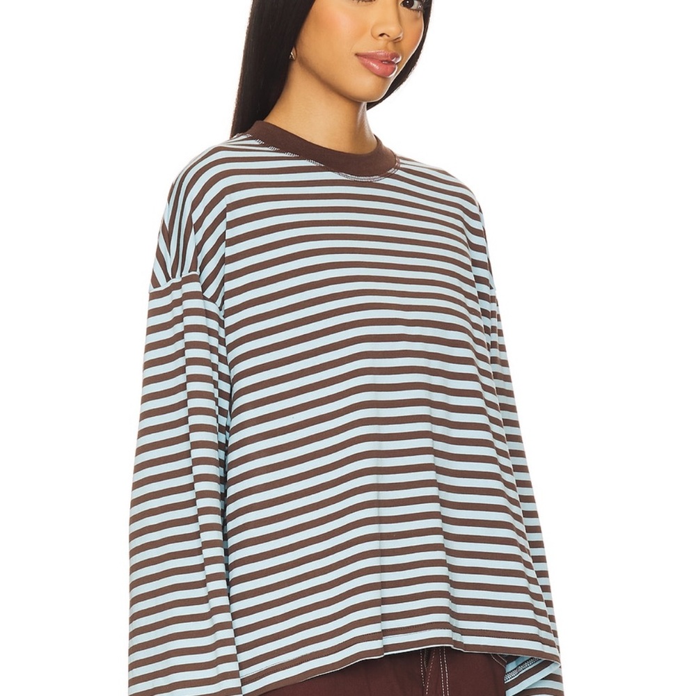 Lioness Brown and Light Blue Striped Long Sleeve Top